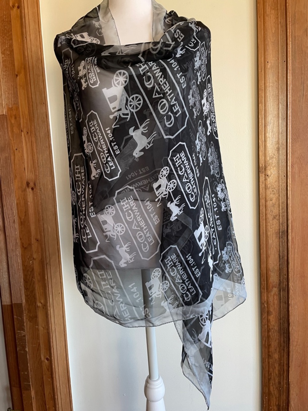 COACH Black and White Logo Horse & Carriage Print Silk Oblong Scarf